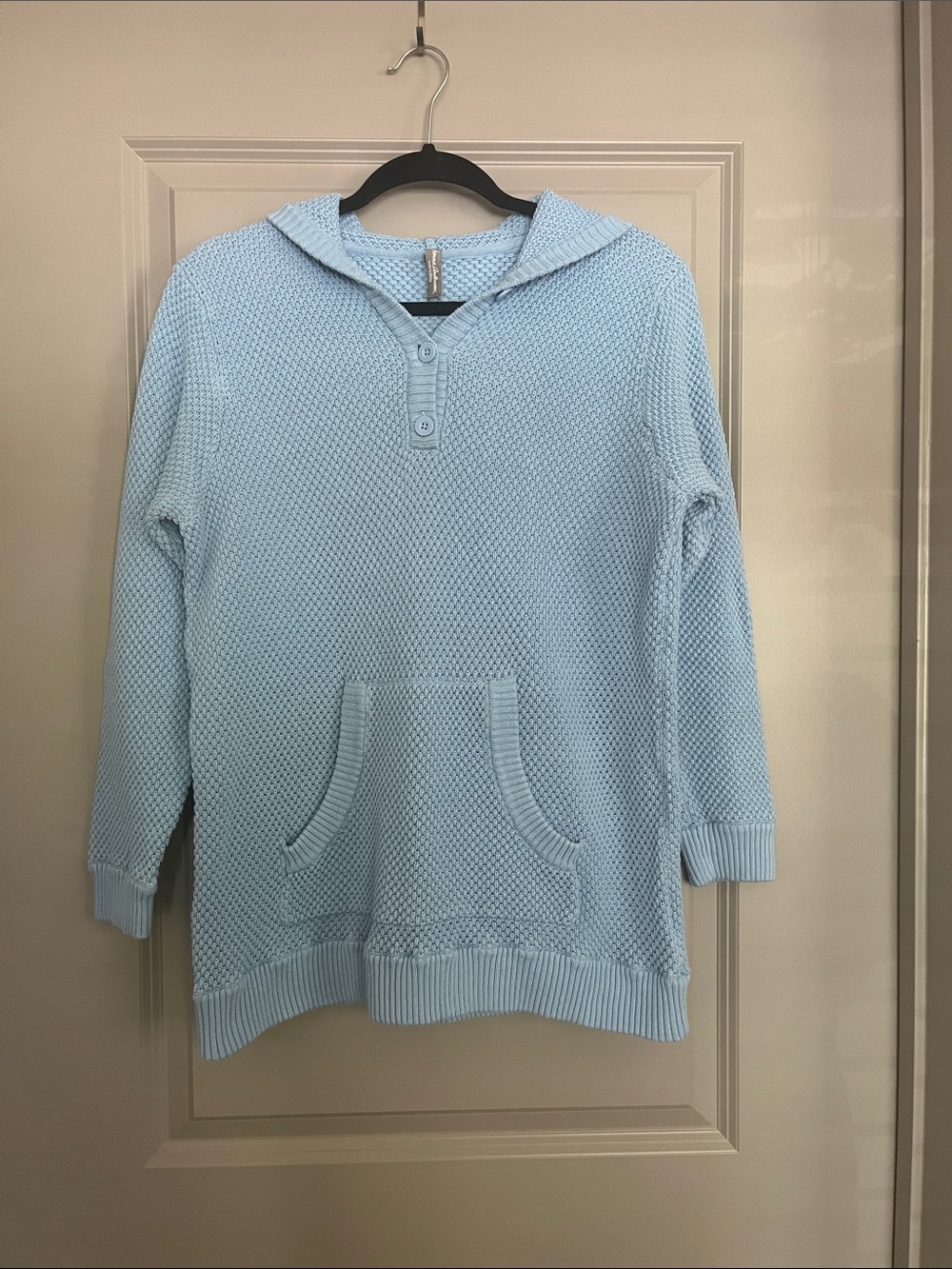 Hanna Andersson Light Blue V-Neck Knit Sweater Hoodie Tunic 100% Cotton